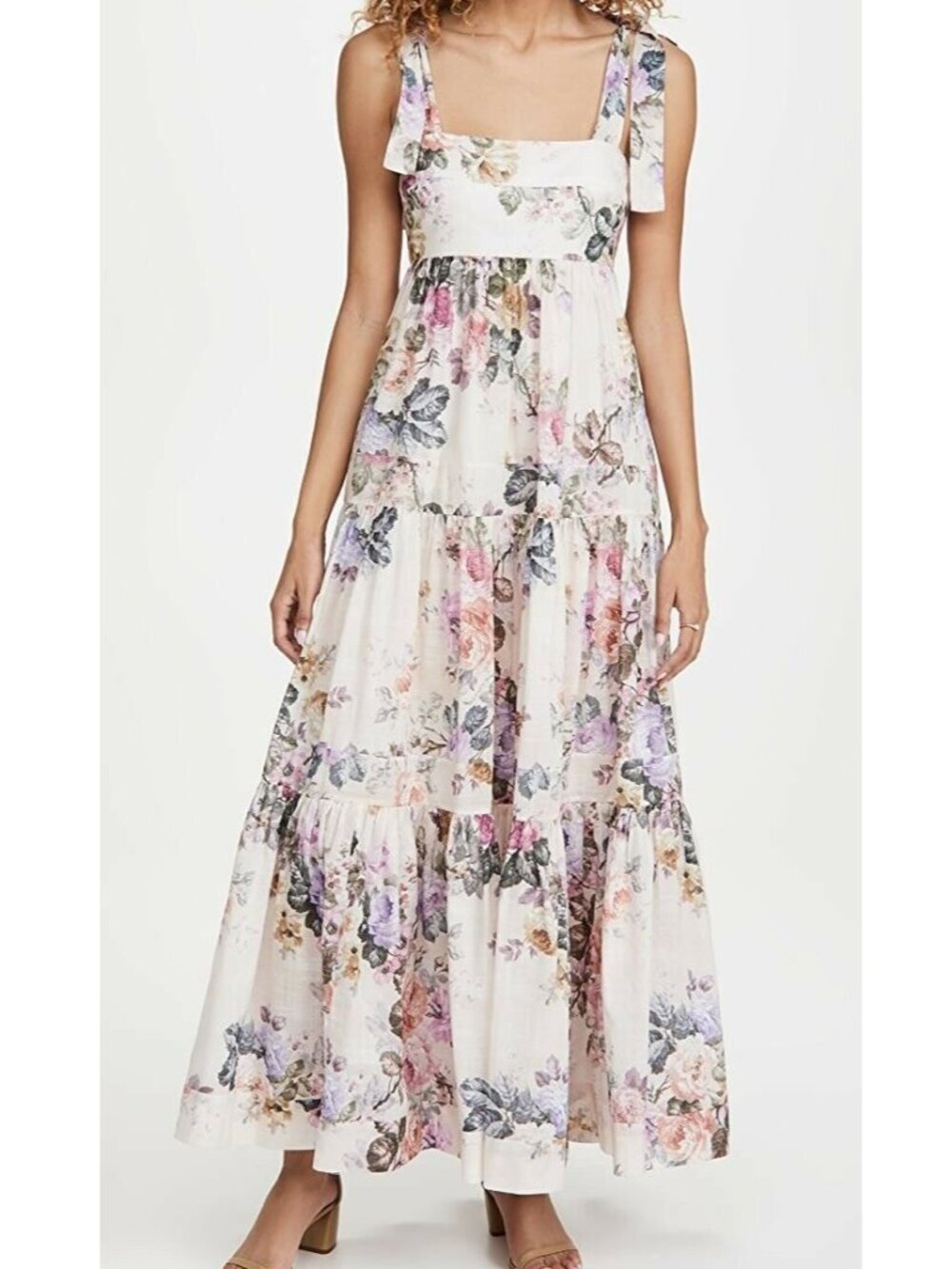 Zimmermann Brighton Floral Tie Shoulder Maxi Tiered Cotton Dress, Size 0